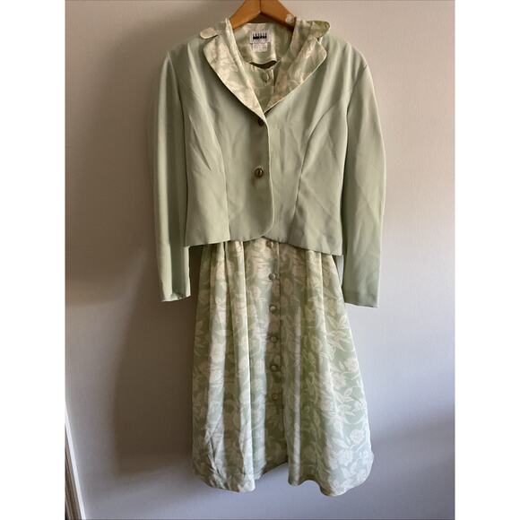 VTG VINTAGE LESLIE FAY GREEN FLORAL DRESS BUSINESS SUIT WOMENS 8P - Picture 1 of 7
